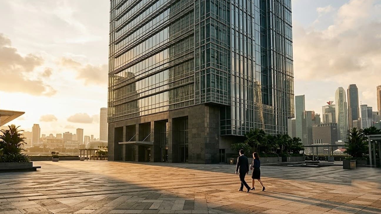 A wide editorial photograph at golden hour of a monumental modern financial-regulator office tower in a Southeast Asian central business district, glass curtain wall and granite base, two anonymous office workers crossing the forecourt in the middle distance, hazy skyline behind, no legible text or logos.