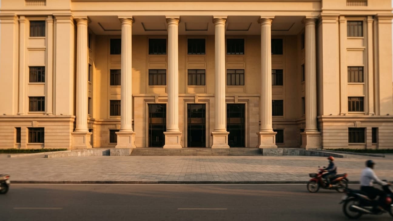 Editorial golden-hour photograph of the imposing neoclassical facade of a national finance ministry building in Hanoi, Vietnam, with tall pale-stone columns above a wide empty granite forecourt, as a few motorbikes pass in motion-blur along the boulevard in the foreground.