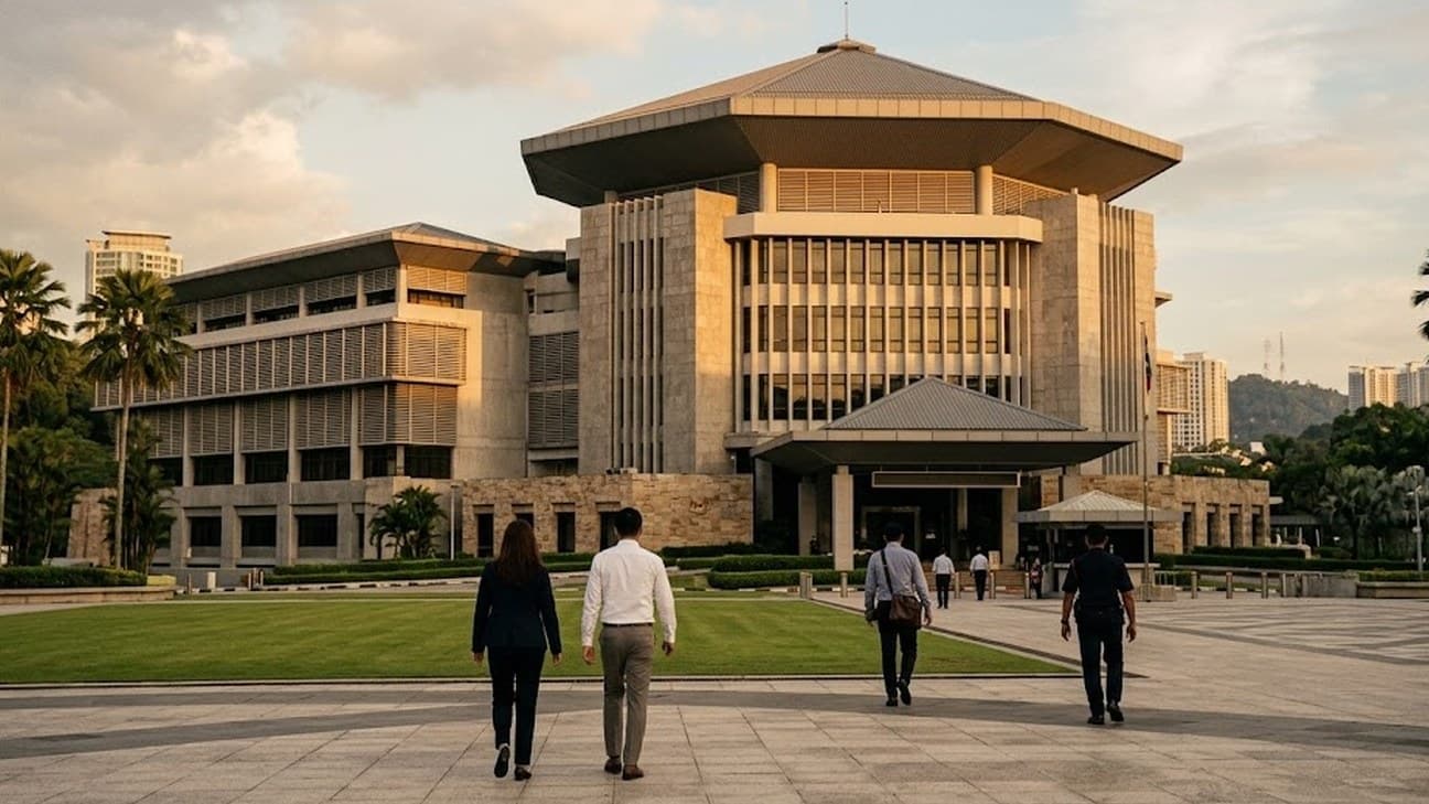 Office workers and a security guard walk across a stone forecourt toward a modern government building with a sweeping roofline in Kuala Lumpur, lit by low golden-hour sun with palm trees and a lawn in the foreground.