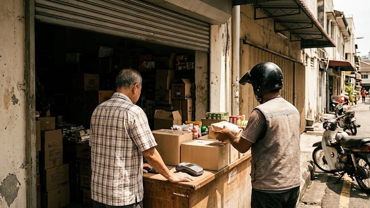 A shopkeeper in a plaid shirt and a helmeted delivery rider face each other across the counter of a Kuala Lumpur shophouse in harsh midday sun, with a card payment terminal and stacked cartons on the counter and motorbikes parked at the kerb.