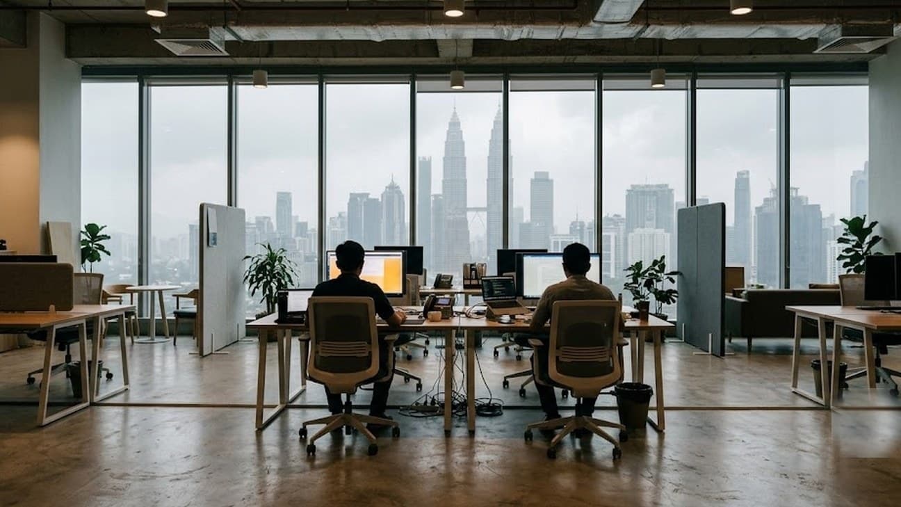 A wide editorial photograph of a modern open-plan startup office in the Kuala Lumpur financial district at overcast midday, the Petronas-style skyline visible through floor-to-ceiling glass; two anonymous workers seen from behind at their desks, faces not visible, screens glowing softly, no legible text or brand marks.